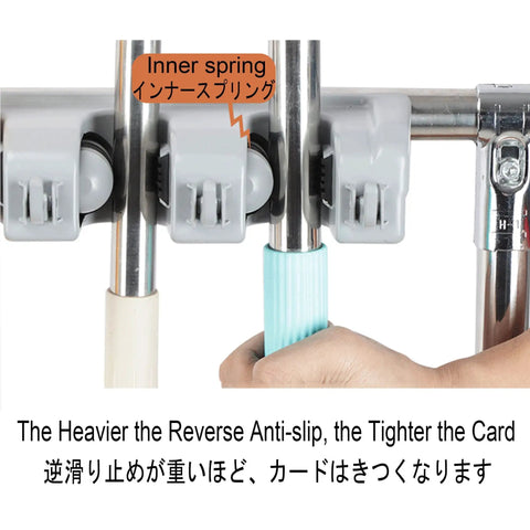 Hand gripping handle on Movable Broom And Mop Holder Stainless Steel Mop Rack, close view of anti-slip mechanism and inner spring.