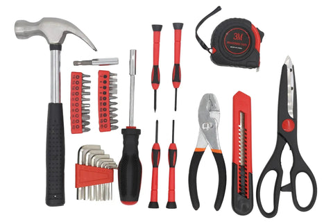 39 Piece Home Tool Kit With Portable Storage Box Your Go To Repair Set For Apartment Home Dorm DIY Projects And Housewarming Gift Includes Hammer Pliers Screwdriver Bits Hex Keys Tape Measure Utility Knife Scissors And More displayed on white background.