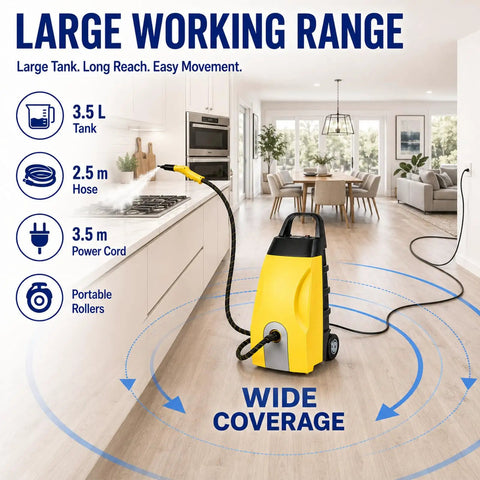 Buff Out Dirt With This Bad Boy 3000W Commercial Steam Cleaner with 3.5L tank, 2.5m hose, and portable rollers.