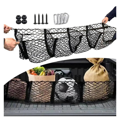 Heavy Duty 3 Compartment Truck Bed Cargo Net Mesh Storage Organizer For Tesla Cybertruck with items secured inside.