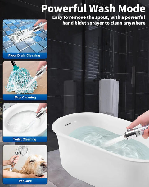 High Pressure Shower Head With Filter For Hard Water, 4 Modes, Built In Power Spray shown cleaning tub, floor, mop, toilet, pet
