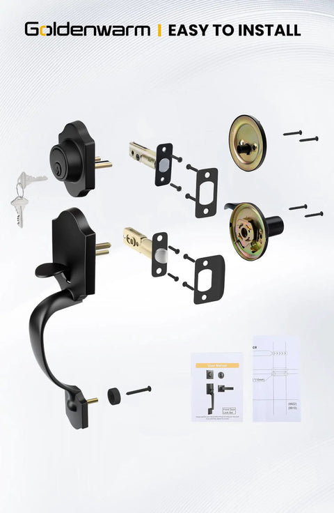 Matte Black Front Door Handle Set With Reversible Knob Classic Single Cylinder Front Door Lock installation diagram