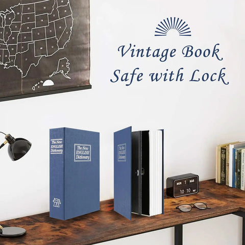 Key Lock Dictionary Diversion Book Safe, Portable Metal Safe Box for Hidden Storage on desk beside clock and lamp.