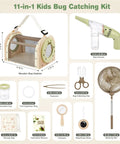 Eleven In One Wooden Bug Catching Kit For Kids Ages 4 8 Outdoor Explorer Set With Bug Habitat, Butterfly Net, Magnifying Glass, Compass, Tweezers, Learning Cards, And Battery Powered Bug Vacuum For Easy Insect Catching; wooden habitat and tools