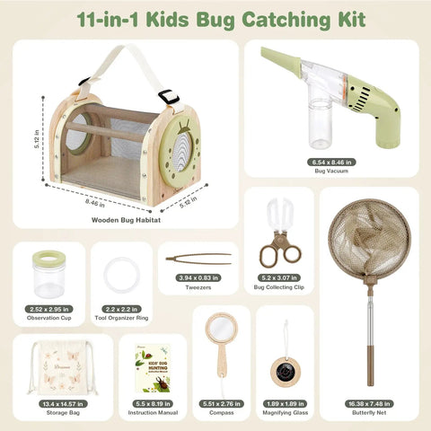 Eleven In One Wooden Bug Catching Kit For Kids Ages 4 8 Outdoor Explorer Set With Bug Habitat, Butterfly Net, Magnifying Glass, Compass, Tweezers, Learning Cards, And Battery Powered Bug Vacuum For Easy Insect Catching; wooden habitat and tools