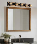 36-Inch Five-Light Modern Farmhouse Vanity Light With Smoked Birch Wood Grain Metal And Black Finish, Open Rectangular Frame, Rustic Bathroom Bar Fixture For Powder Rooms And Hallways over a mirror.