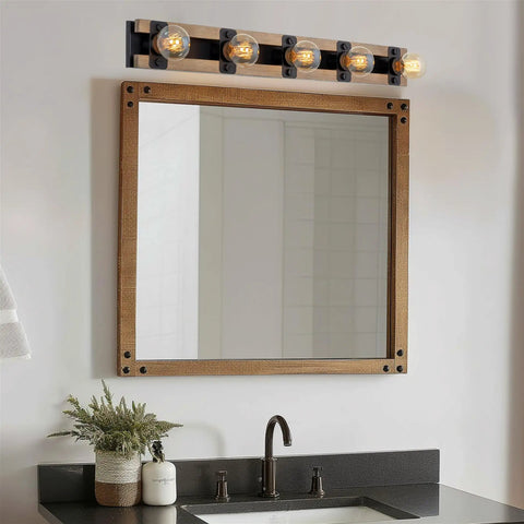 36-Inch Five-Light Modern Farmhouse Vanity Light With Smoked Birch Wood Grain Metal And Black Finish, Open Rectangular Frame, Rustic Bathroom Bar Fixture For Powder Rooms And Hallways over a mirror.