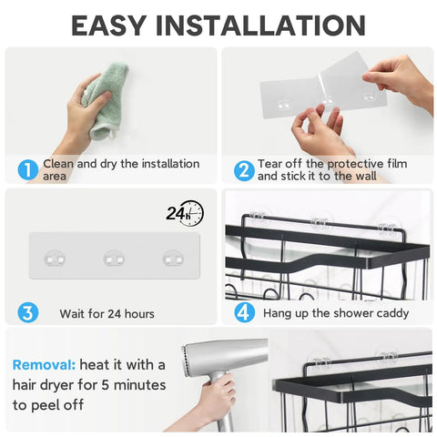 Step-by-step guide to install 14 Pack Clear Shower Caddy Adhesive Hooks Kit With Waterproof Strips No Drill Installation For Bathroom Shelves And Kitchen Racks