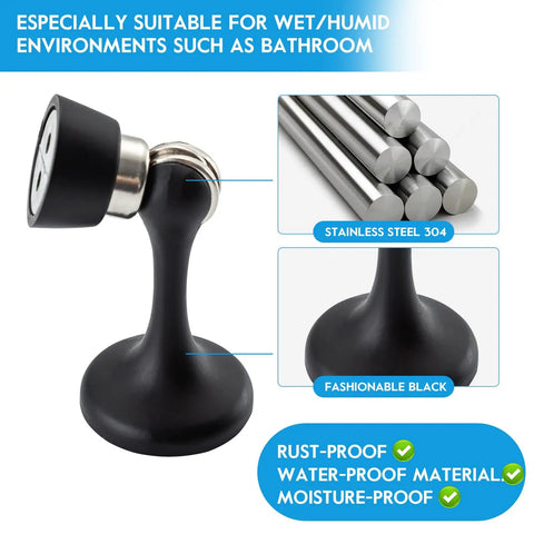 Heavy Duty Magnetic Door Stopper Keeps Interior Doors Securely Open Wall Mount in sleek black finish made from stainless steel.