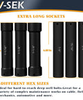 Extended Length 1/2 Inch Drive Impact Socket Set With Extra Deep Sockets Heavy Duty Steel shown in six hex sizes