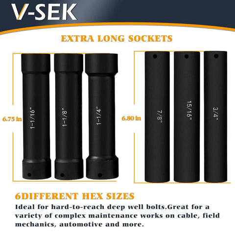 Extended Length 1/2 Inch Drive Impact Socket Set With Extra Deep Sockets Heavy Duty Steel shown in six hex sizes