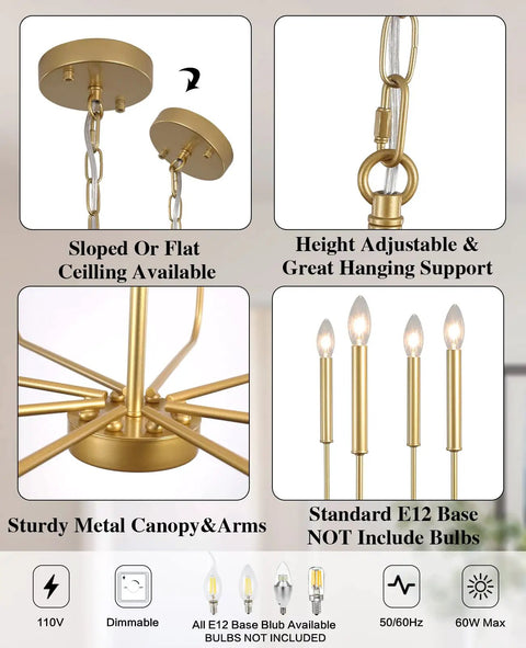 Gold Chandelier Light Fixture With Eight Lights In Modern Farmhouse Style showing adjustable chain and E12 base details