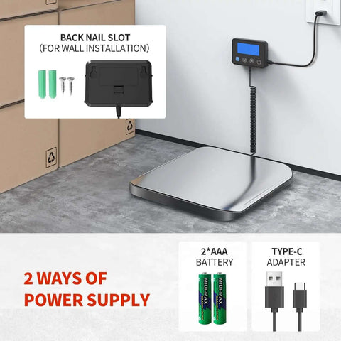 Heavy Duty 440Lb Shipping Scale For Packages And Postage with stainless steel surface, wall-mounted display, dual power supply options