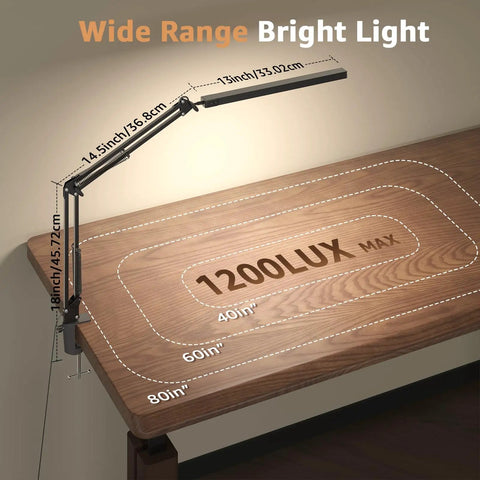 Clamp On Swing Arm LED Desk Lamp With 80 LED Beads 5 Color Modes And 11 Brightness Levels above a desk showing wide light range.