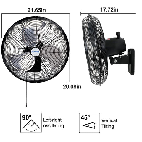 Front and side view of Beefy 20 Inch Wall Mounted Outdoor Fan With 4750 CFM Three Speed Setting, showing dimensions and tilt angles.