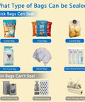 Image showing types of bags the Mini Bag Sealer For Chips And Snacks On The Go can seal, including chip and Mylar bags.