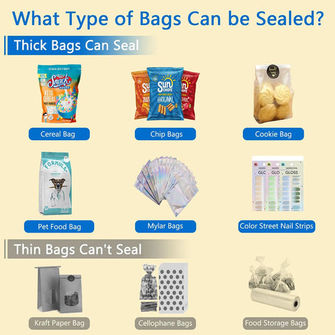 Image showing types of bags the Mini Bag Sealer For Chips And Snacks On The Go can seal, including chip and Mylar bags.