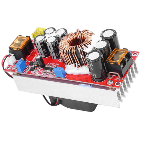 1500W Boost Converter Step Up Module DC To DC Adjustable Voltage Regulator 10V To 97V Output with copper coil and capacitors.