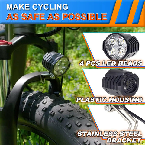 Front Light For Electric Bikes With Built In Horn Stay Lit, 3W LED, 200 Lumens, 12V To 60V Compatible, 3 Pin SM Connector, Bright Headlight For Night Rides, Easy Install, Weather Resistant