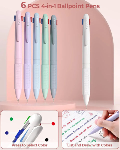 Set of 6 pastel 4-in-1 ballpoint pens from 56 Piece Cute Pink Pencil Case Back To School Preppy Style Stationery Kit.