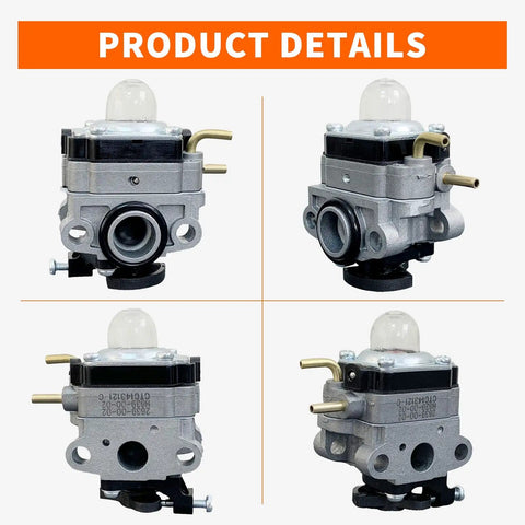 OEM Carburetor Replacement For Ryobi 25cc 2 Cycle Full Crank String Trimmer, side and front views with attachment ports
