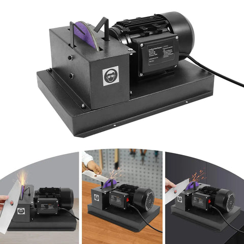 Heavy Duty Bench Mount Lawn Mower Blade Sharpener With A Rock Solid Seven Inch Ceramic Grinding Wheel And Five Hundred Watt Motor on a workbench.