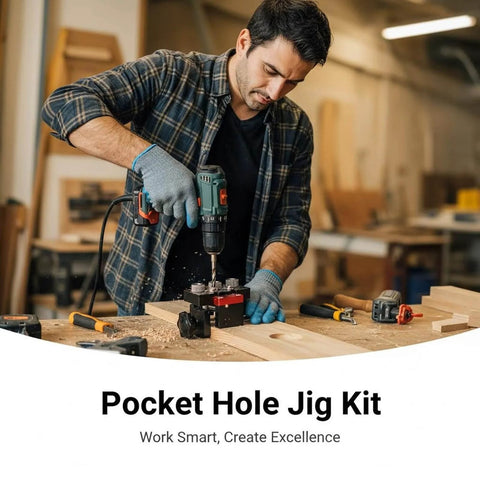 Man using 3 In 1 Aluminum Pocket Hole Jig Kit With Dowel Guide For 8mm 10mm And 15mm Drill Openings in woodworking shop