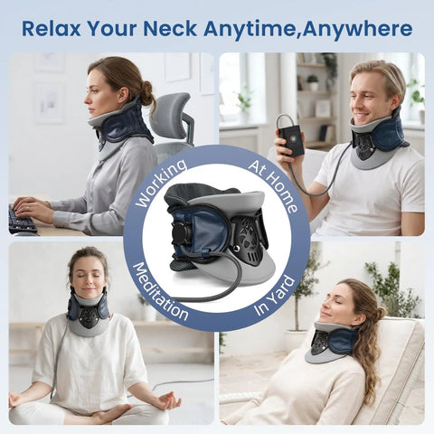 Sick Of Neck Pain? This Adjustable Cervical Traction Device With Built Air Pump shows diverse use in home, yard, and office settings.