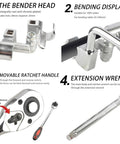 Pro Level Manual Wire Bender Kit Straight Up Heavy Duty No Sweat 0 To 90 Degree Adjustable Cable Shaper parts display showing bender head and ratchet handle.