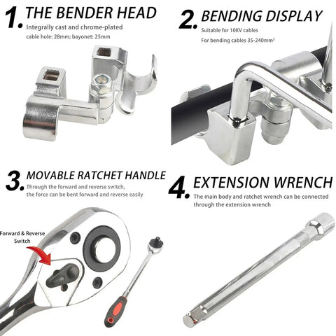 Pro Level Manual Wire Bender Kit Straight Up Heavy Duty No Sweat 0 To 90 Degree Adjustable Cable Shaper parts display showing bender head and ratchet handle.