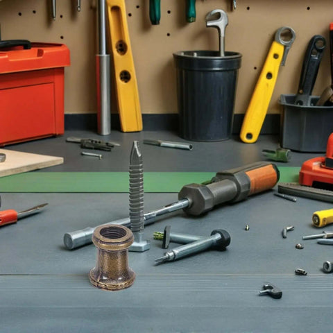 Grab These 8pcs Long Thread Lamp Pipe Couplers Made Of Heavy Duty Zinc To Join Light Fixture Connectors And Extend Pendant Rods With Ease For Any Home Glow Project. in bronze finish on workbench
