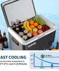12 Volt Portable Car Refrigerator And Compressor Cooler With 19 Quarts containing fruits and drinks, showcasing fast cooling feature.