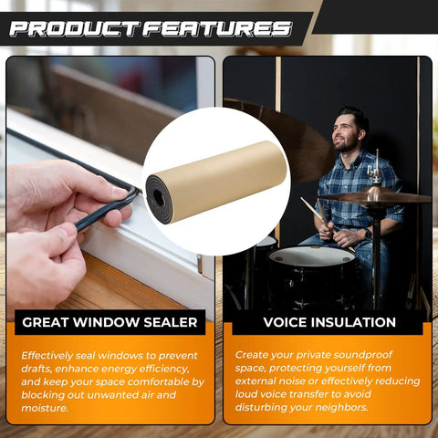 Neoprene Sponge With Sticky Back Foam Rubber Sheet used for window sealing and voice insulation applications, product features displayed.