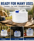 Foldable Water Container With Spigot For Camping And Hiking on outdoor table, car trunk, and emergency pantry
