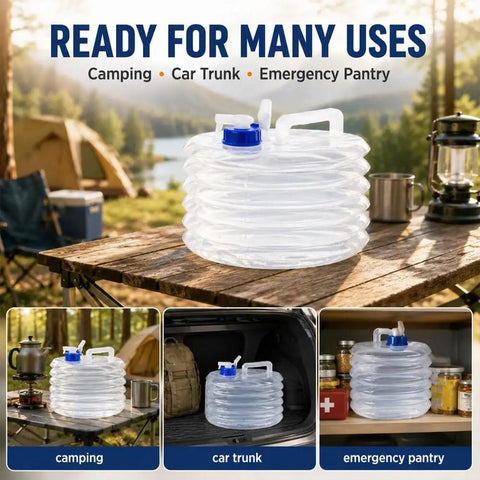 Foldable Water Container With Spigot For Camping And Hiking on outdoor table, car trunk, and emergency pantry