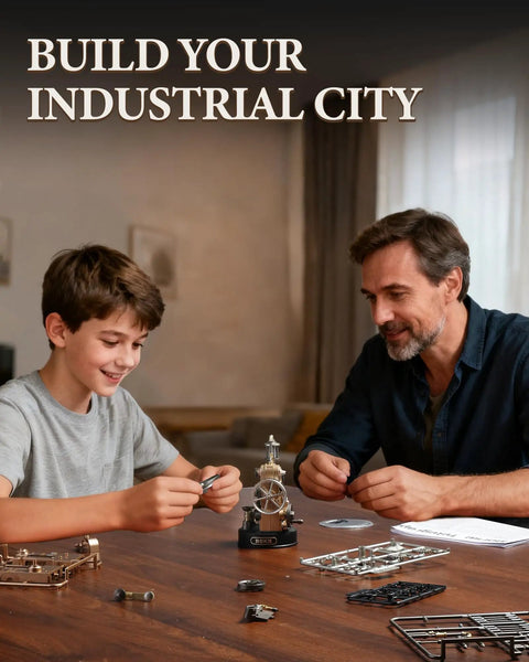 Metal 3D Puzzle Mechanical Model Kit With Morse Telegraph Theme Steampunk DIY Industrial City Build Wireless 2 4G Link Receiver, boy and man assembling parts