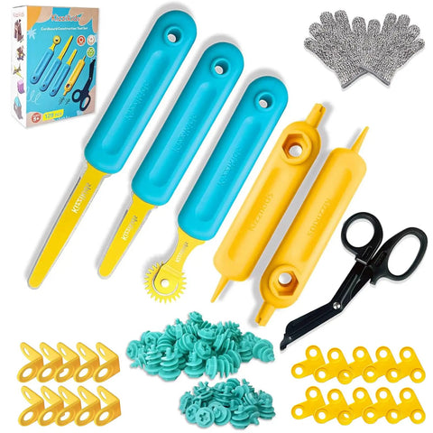Cardboard Tools Kit For Kids With Cutter And Tool Box, 149 Piece Cardboard Construction Set showing colorful tools and accessories