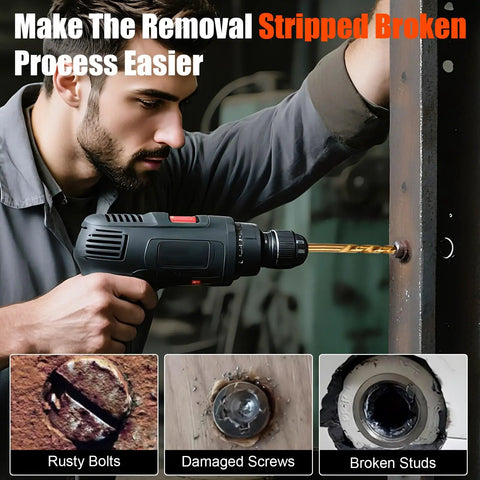 Man using Damaged Screw Extractor Set With Left Hand Drill Bits For Easy Out Removing Broken Bolts And Nuts 14 Piece Kit