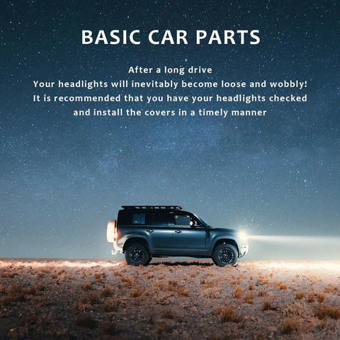 Off-road vehicle with headlights on at night, promoting 4 Pack Car Headlight Dust Caps Universal Rubber Sealing Covers For Headlight Protection All Weather Dust Covers Fit Most Cars Trucks SUVs Durable Tough Keeps LED Clean And Dry.