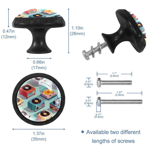 Color Record Player Pattern Cabinet Knobs Set Of 4 Stylish Drawer Pulls with screws and dimensions shown