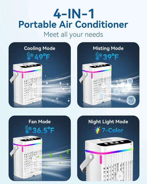 Compact 4-In-1 Mini Air Conditioner With Ice Water Cooling, Humidifier, Night Light, 1250ml Tank, 3 Speed Settings, 1-3 Hour Timer