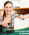 Upgrade Your Cabinetry With These Eight Black False Front Drawer Clips Heavy Duty Plastic Waterproof Design Includes Mounting Screws For No Fuss Swaps That Deliver A Rock Solid Secure Fit Every Day. Woman using black clips with screwdriver on cabinet.