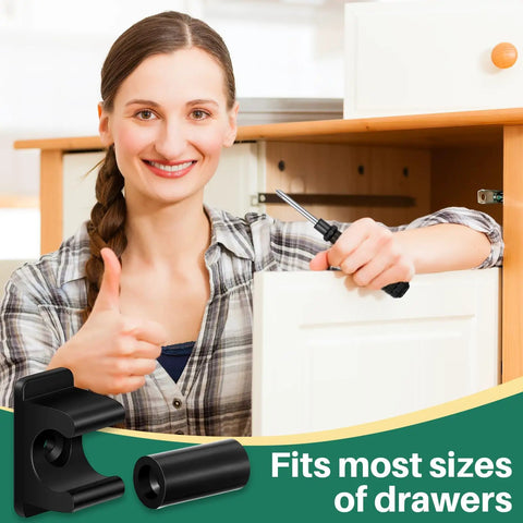 Upgrade Your Cabinetry With These Eight Black False Front Drawer Clips Heavy Duty Plastic Waterproof Design Includes Mounting Screws For No Fuss Swaps That Deliver A Rock Solid Secure Fit Every Day. Woman using black clips with screwdriver on cabinet.