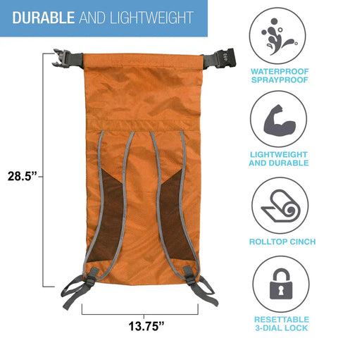 Waterproof Locking Backpack With Secura Lock Security, Anti Theft 3 Digit Combo, Lightweight Orange Daypack dimensions visible