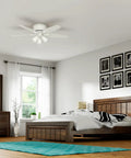 Bedroom with 52 Inch Indoor Ceiling Fan With LED Lights And Pull Chain, White Finish, Low Profile Flush Mount, 5 Blades, No Remote
