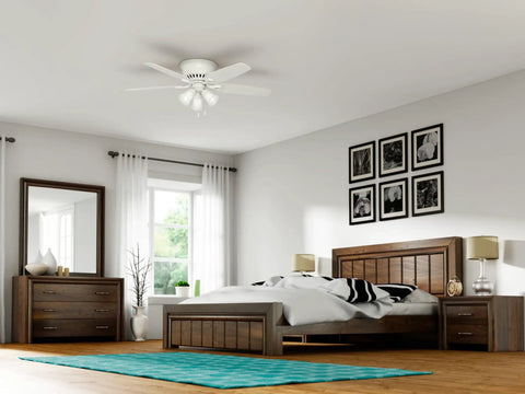 Bedroom with 52 Inch Indoor Ceiling Fan With LED Lights And Pull Chain, White Finish, Low Profile Flush Mount, 5 Blades, No Remote