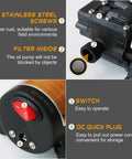 Portable 12V DC Fuel Transfer Pump With 75W Motor Delivers Up To 110 GPH Gasoline Or Diesel, features filter and switch close-up.