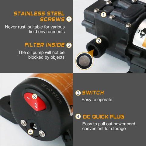 Portable 12V DC Fuel Transfer Pump With 75W Motor Delivers Up To 110 GPH Gasoline Or Diesel, features filter and switch close-up.