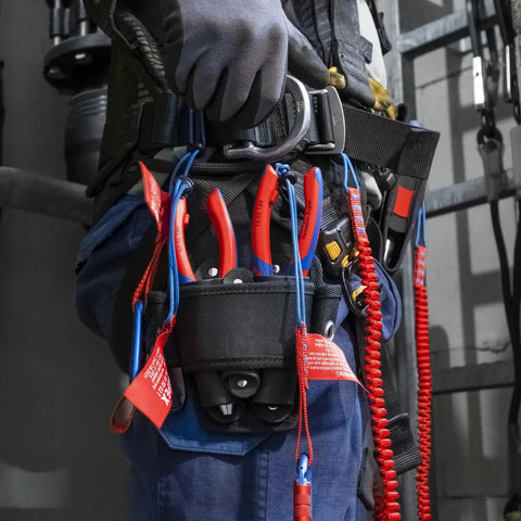 Electrician's tool belt with Six In One Electrical Installation Pliers With Comfort Grip Handles For Cutting Copper And Aluminum Cables Up To 19/32 Inch, Stripping 12 And 14 AWG, Crimp Die For End Sleeves 12-20 AWG, A Pro Grade Must Have Multi Tool For Electricians