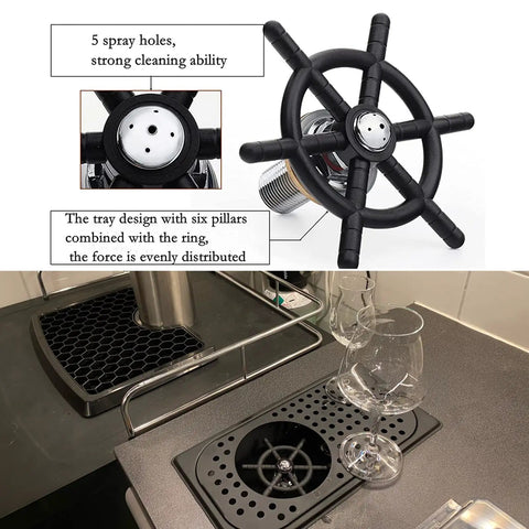 Stainless Steel Glass Rinser for Sink and Bar, One Push Cup Washer with Drip Tray and Drain installed on kitchen countertop
